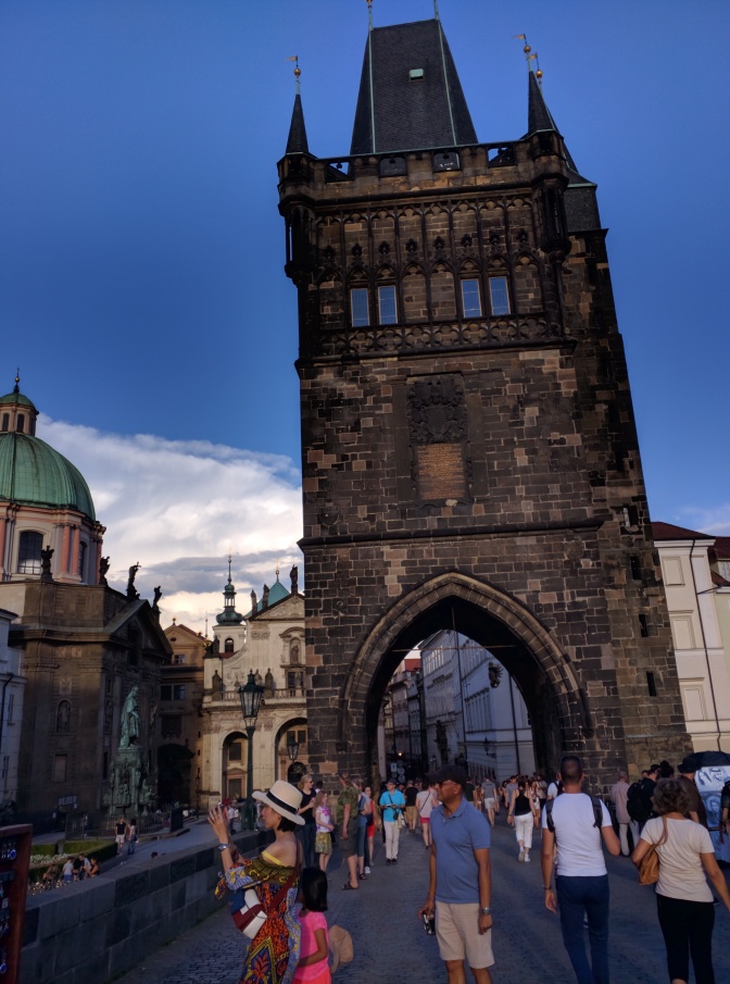 One of Prague's famous towers at the end of the Charles Bridge.